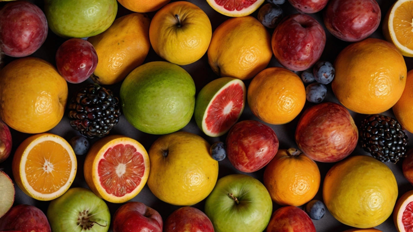 Assorted fruits including oranges, apples, plums, and blackberries on a dark surface.